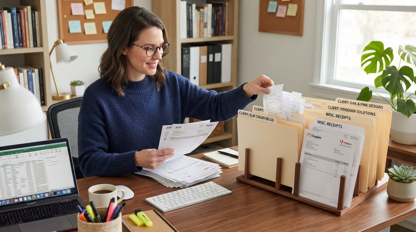 A freelancer organizing receipts and invoices into clearly labeled folders for different clients