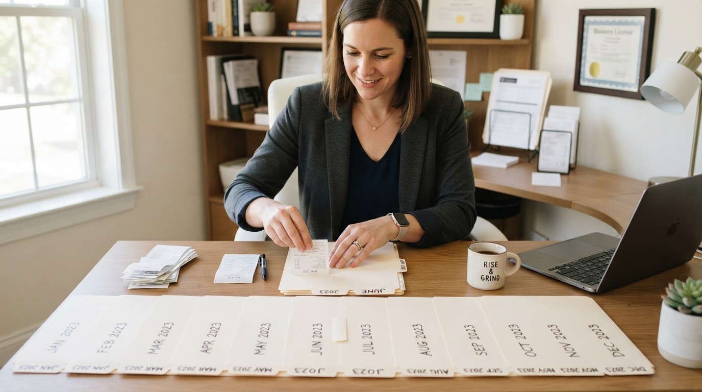 A business owner organizing receipts into labeled folders by month with January through December file folders