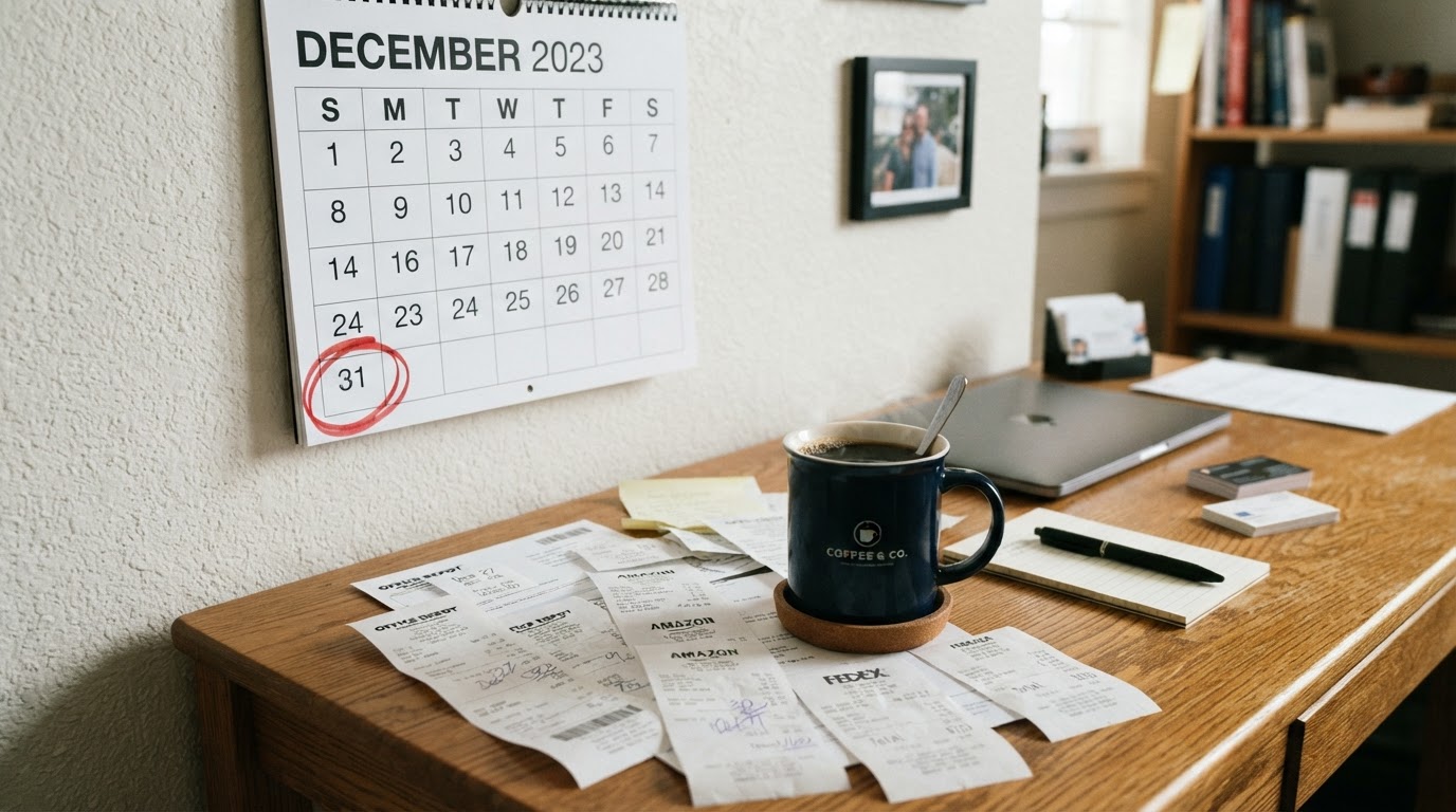 A wall calendar showing the month of December with the 31st circled in red marker