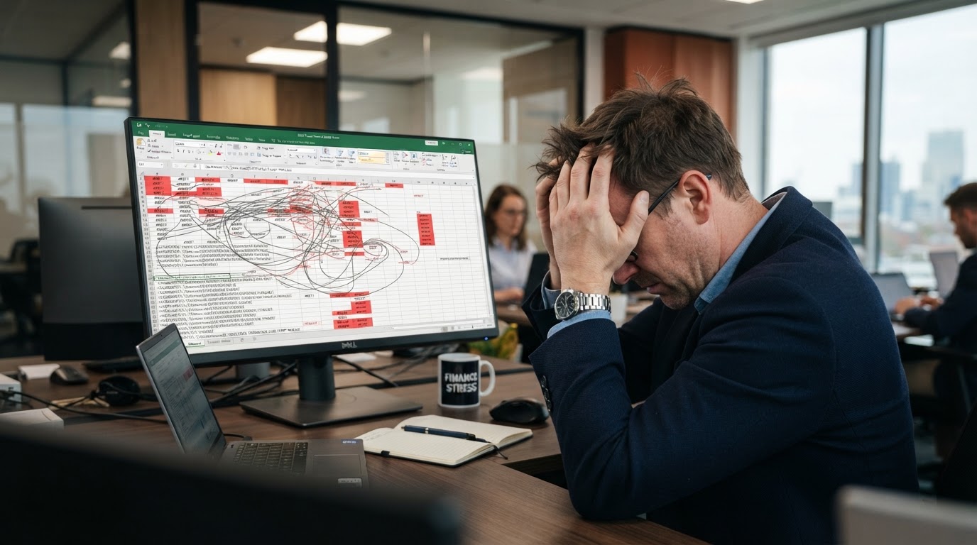 A business owner holding their head in frustration in front of a monitor displaying tangled Excel formula errors and broken cell references