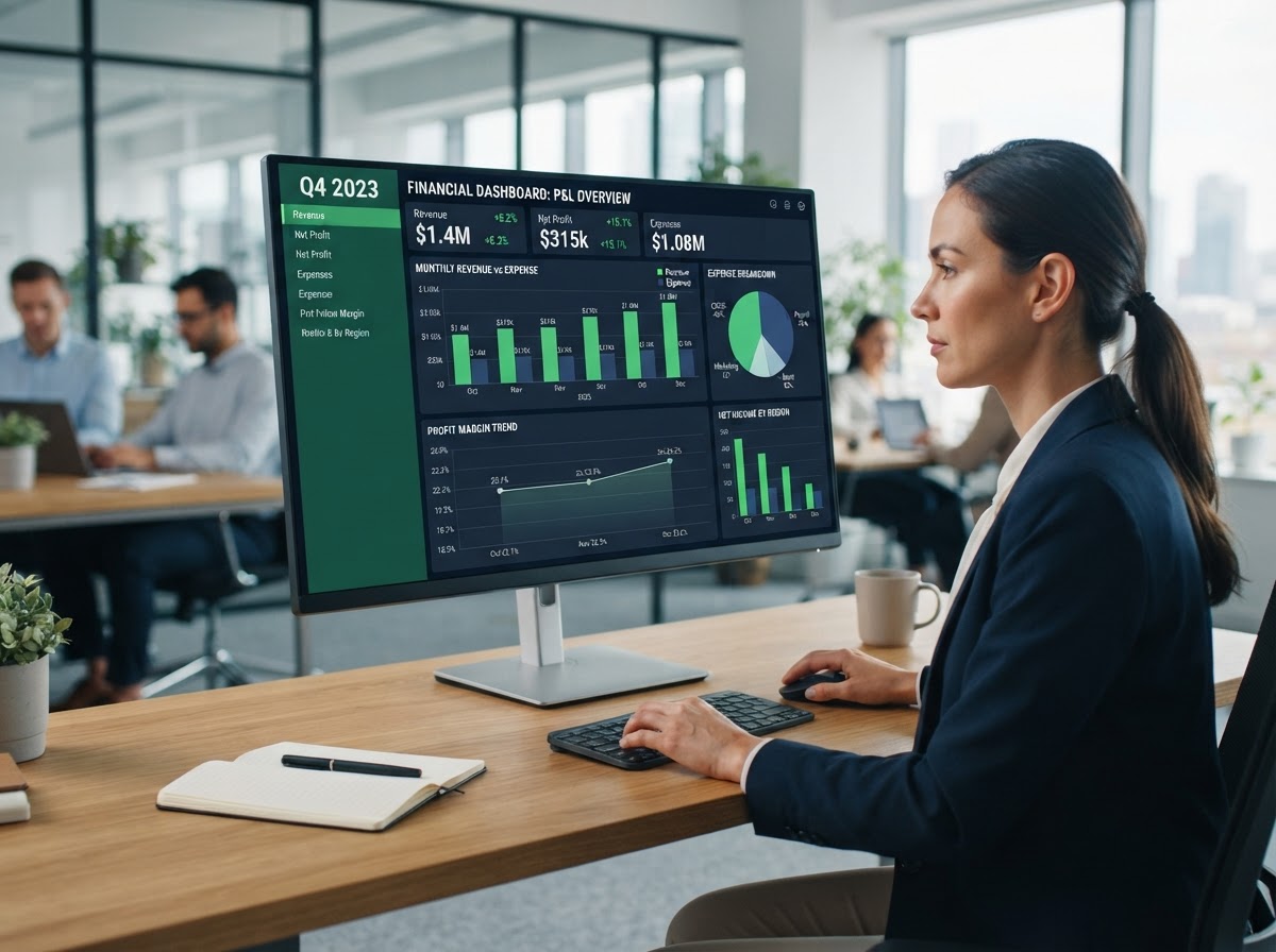 Clean professional financial dashboard on a monitor showing organized profit and loss bar charts and line graphs