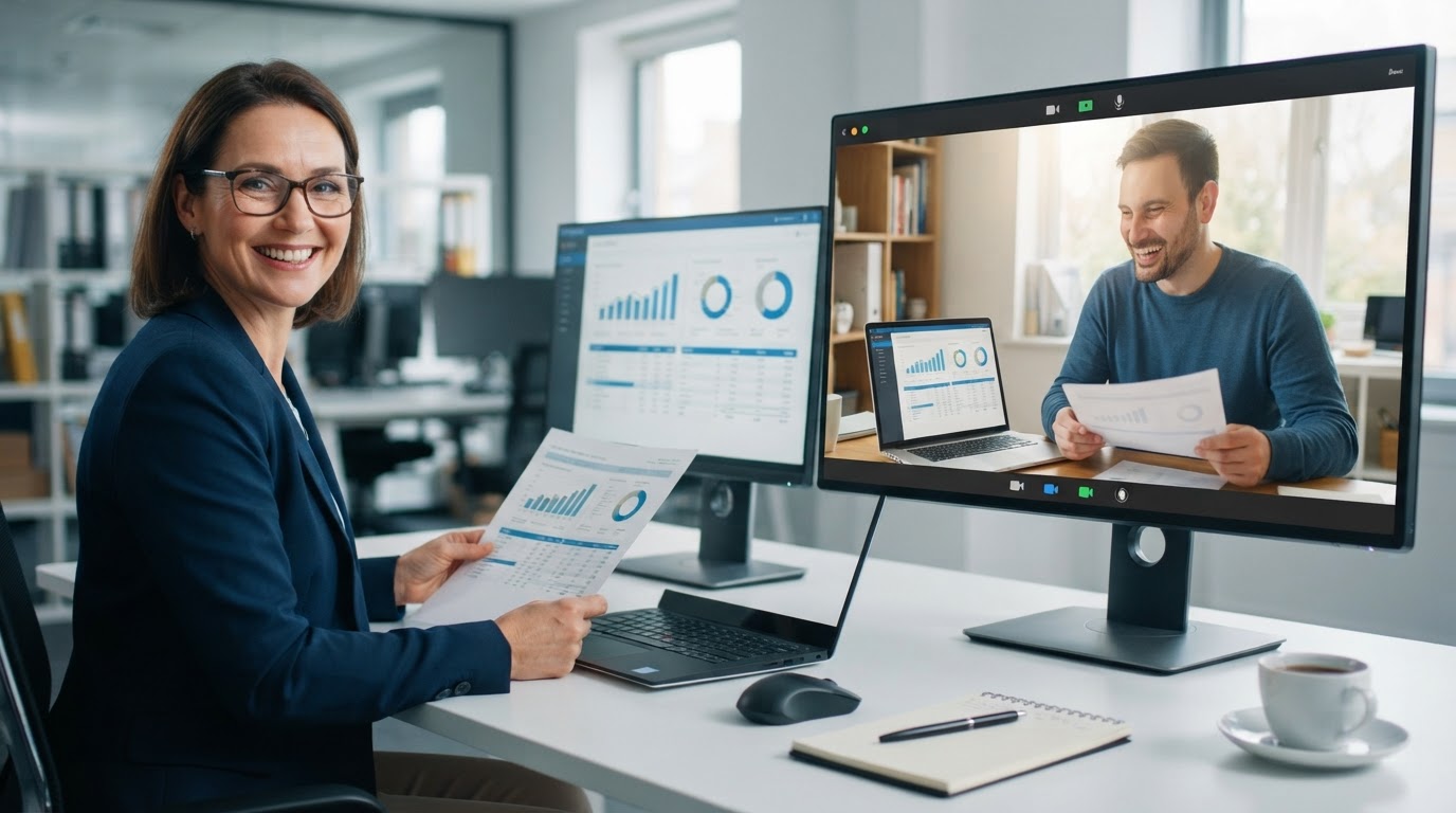 A professional accountant meeting with a relieved small business owner via video call, both smiling while reviewing clean organized financial reports together