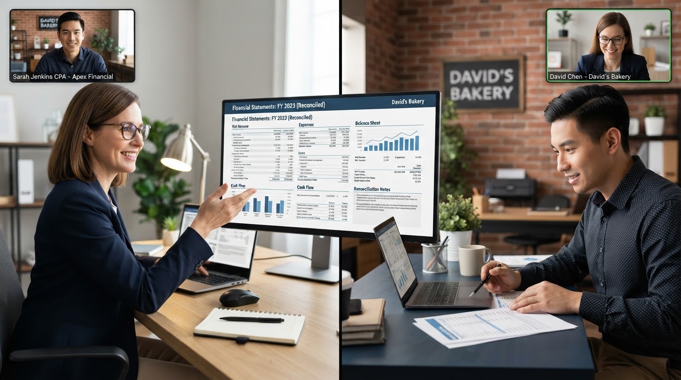 A professional accountant meeting with a small business owner via video call reviewing reconciled financial reports together