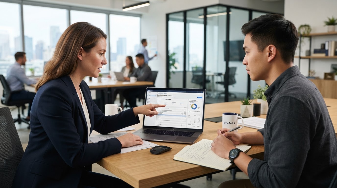 A professional accountant pointing at a reconciliation screen on a laptop while reviewing financial data with a business owner
