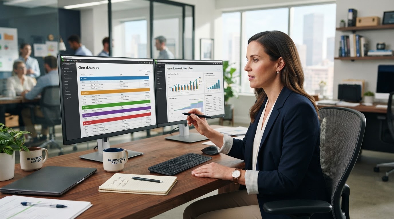 A business owner reviewing a chart of accounts on a dual monitor setup in a modern office