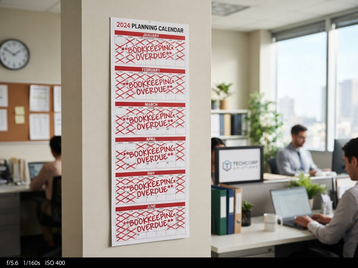 Wall calendar with six consecutive months crossed off and marked bookkeeping overdue