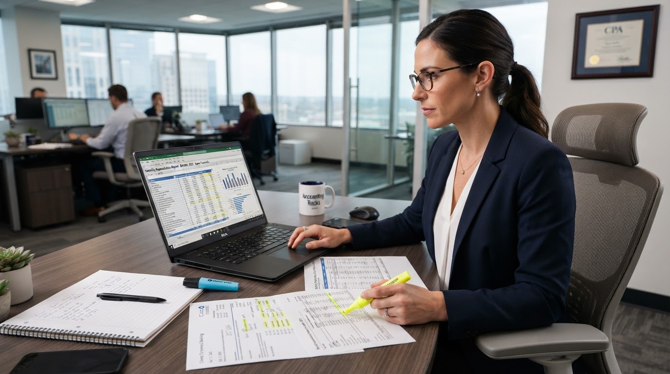 A professional accountant reviewing a monthly reconciliation report on a laptop