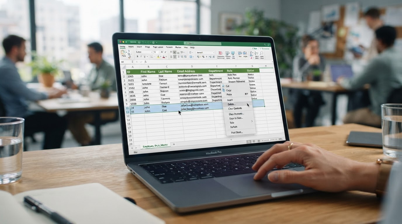 A close up of a hand deleting duplicate rows in a spreadsheet on a laptop screen, clean organized data columns visible