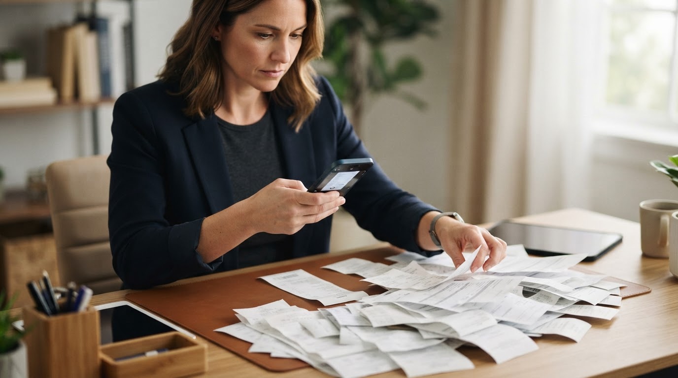 A business owner using a receipt scanning app on a smartphone to digitize a large pile of paper receipts