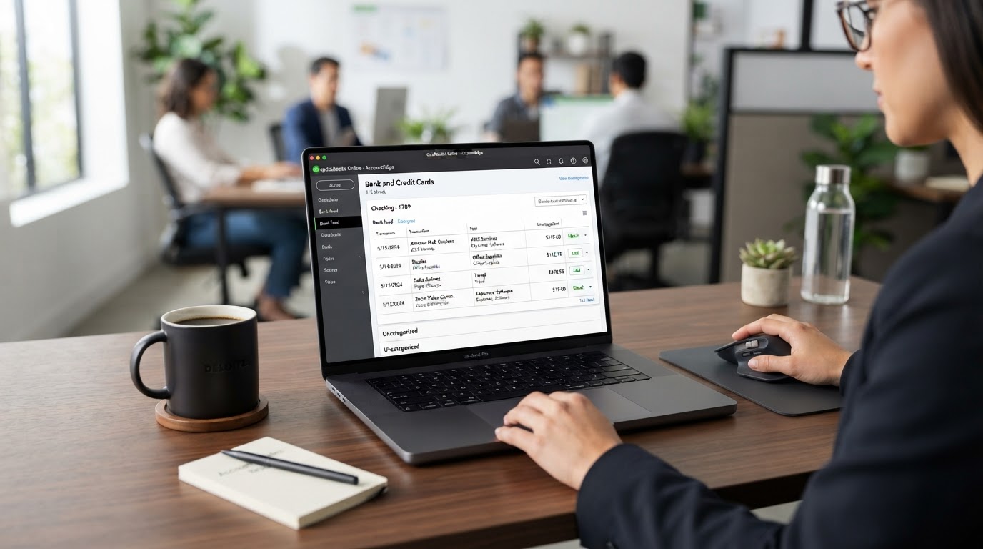 A laptop screen showing QuickBooks Online bank feed with transactions being categorized
