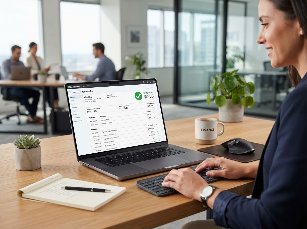 Laptop screen showing a bank reconciliation in QuickBooks Online with a green checkmark and zero difference