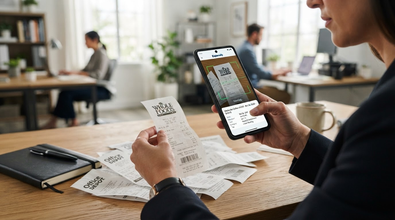 A professional using a receipt scanning app on a smartphone to digitize a paper receipt