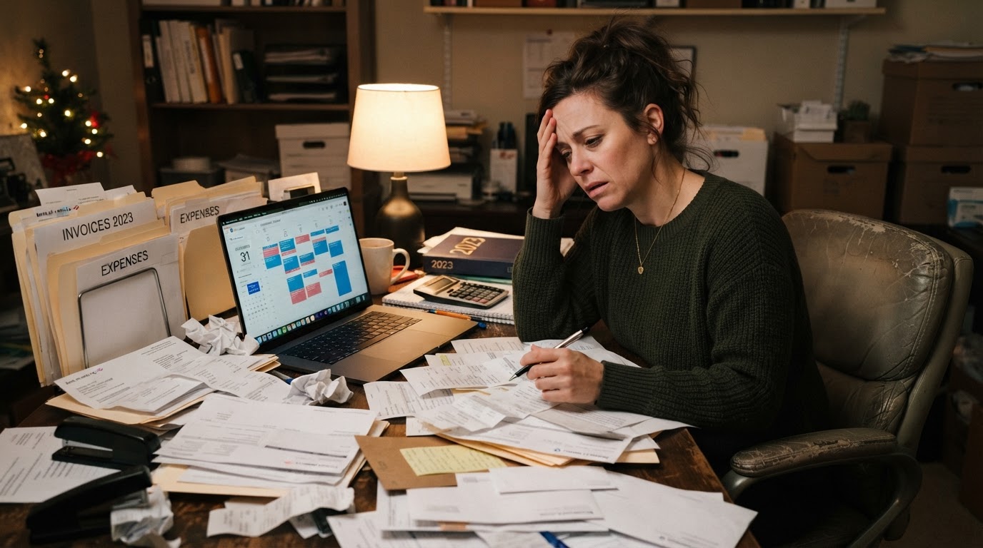A stressed small business owner sitting at a cluttered desk in late December surrounded by unorganized receipts and bank statements