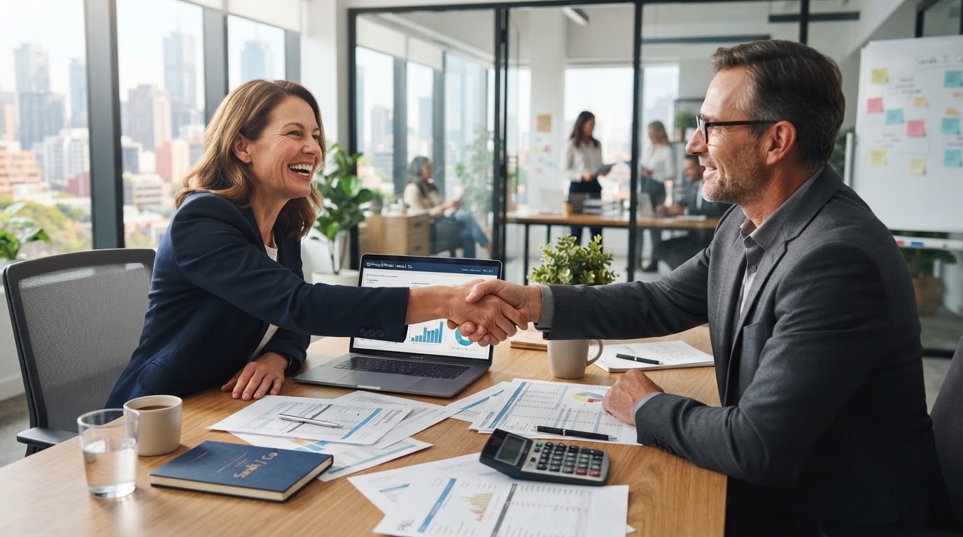 A business owner shaking hands with a professional accountant over a desk covered in financial documents and a laptop