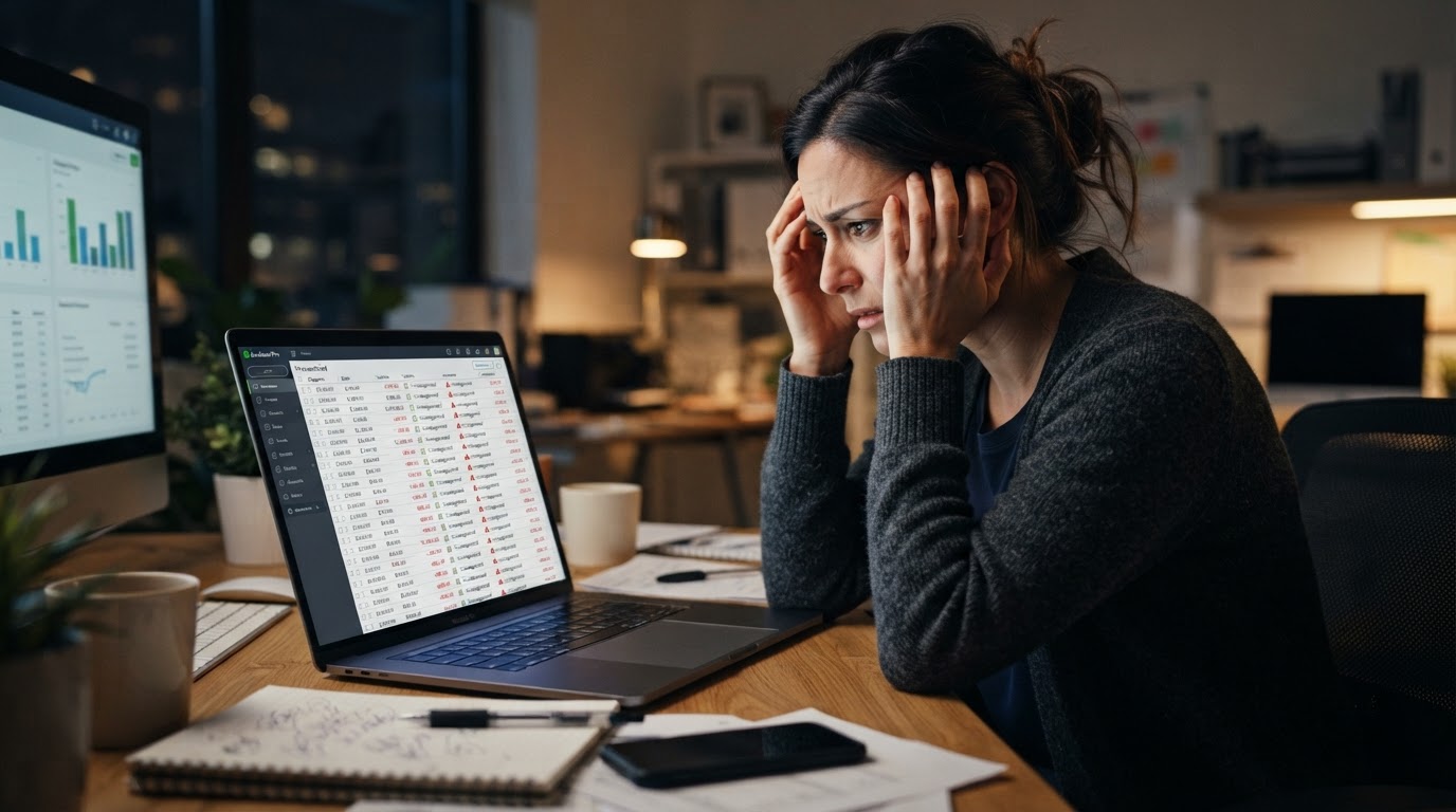 A stressed small business owner staring at a laptop screen showing hundreds of uncategorized transactions in accounting software