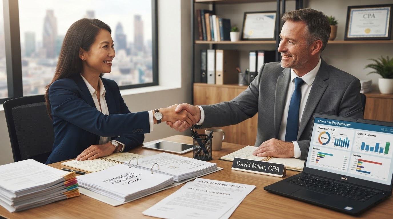 A business owner shaking hands with a professional accountant across a desk covered in financial documents and a laptop showing organized income tracking
