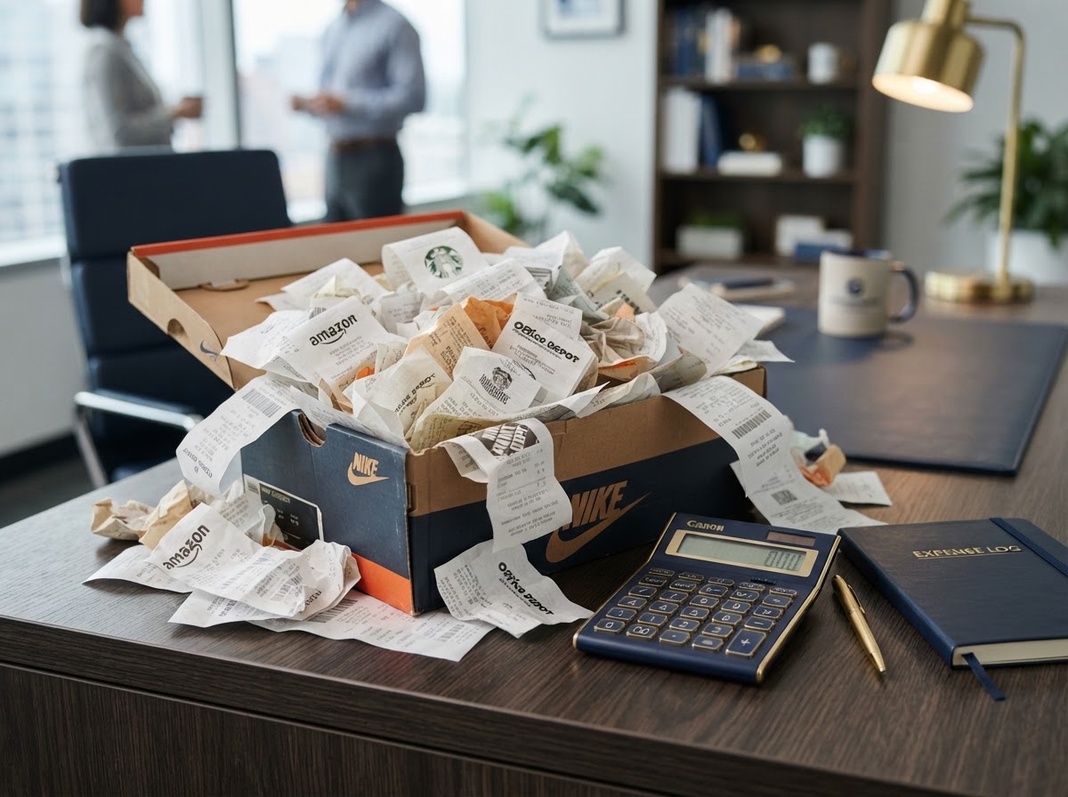 Shoebox overflowing with crumpled paper receipts on a wooden office desk