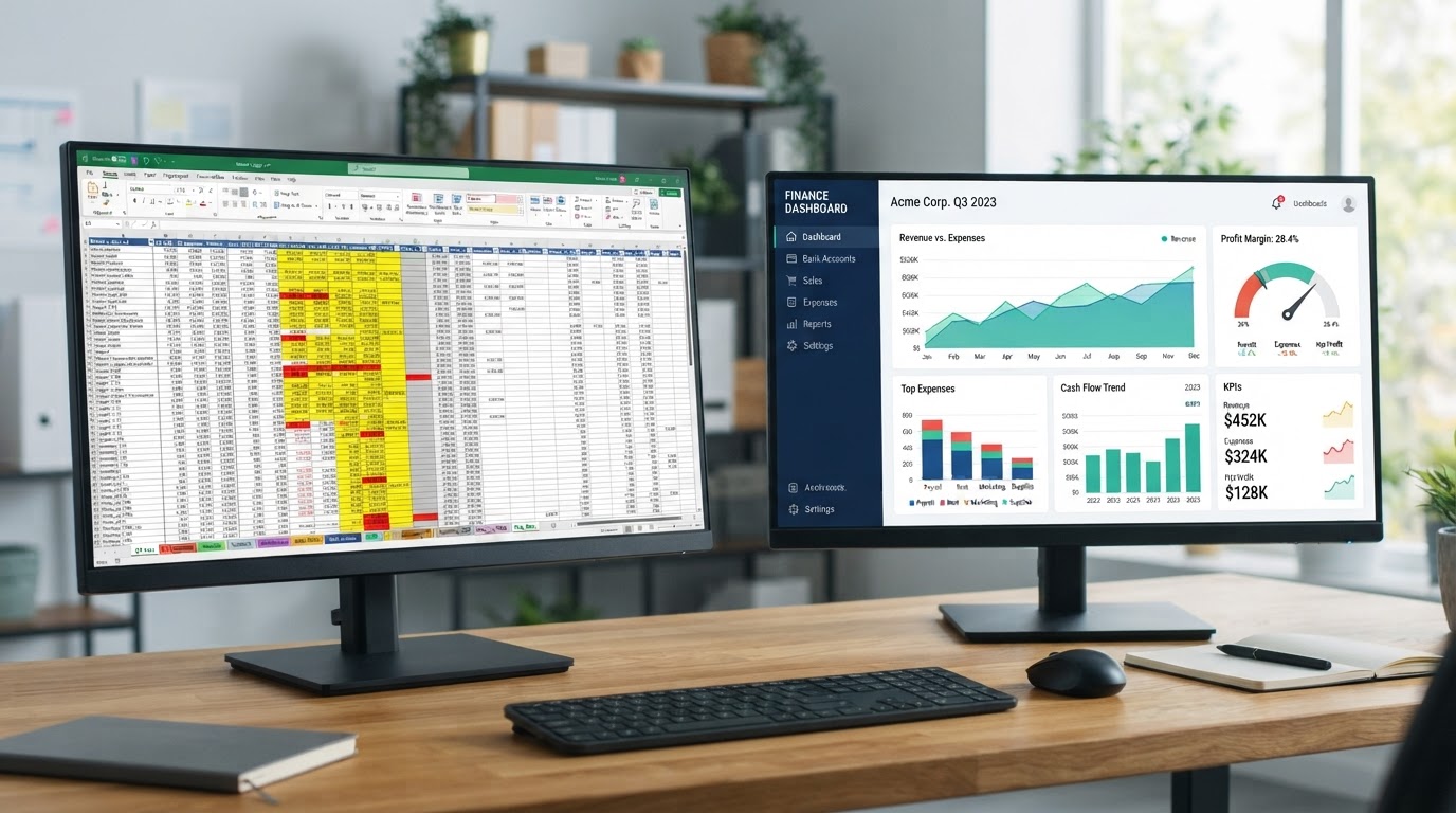 Side by side comparison of a chaotic multi tab Excel workbook versus a clean organized accounting software dashboard