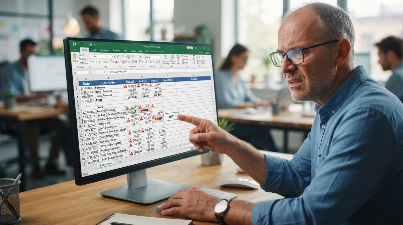 Close up of a computer monitor showing broken Excel formula error cells with red warning triangles and a confused business owner