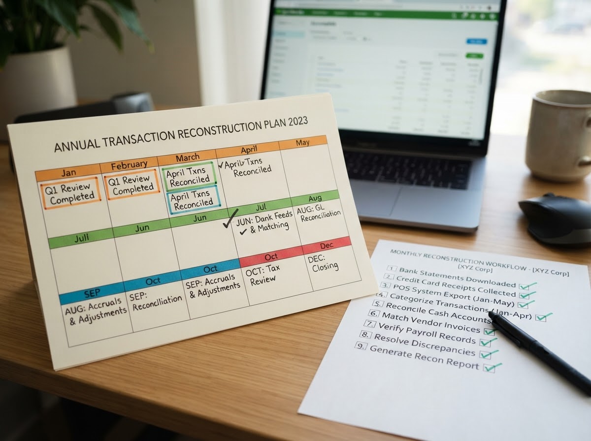 Calendar with months marked for transaction reconstruction and a checklist with checkmarks