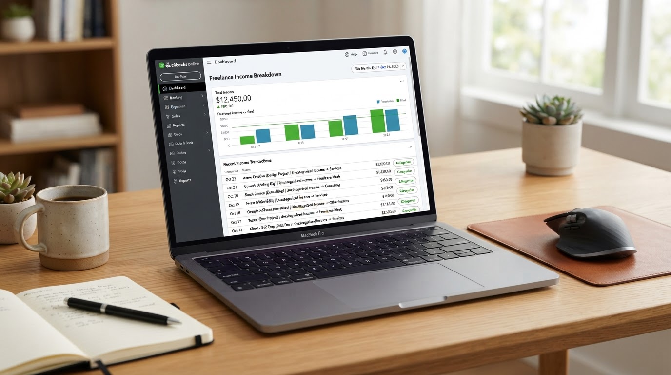 A laptop screen showing QuickBooks Online dashboard categorizing freelance income from multiple sources