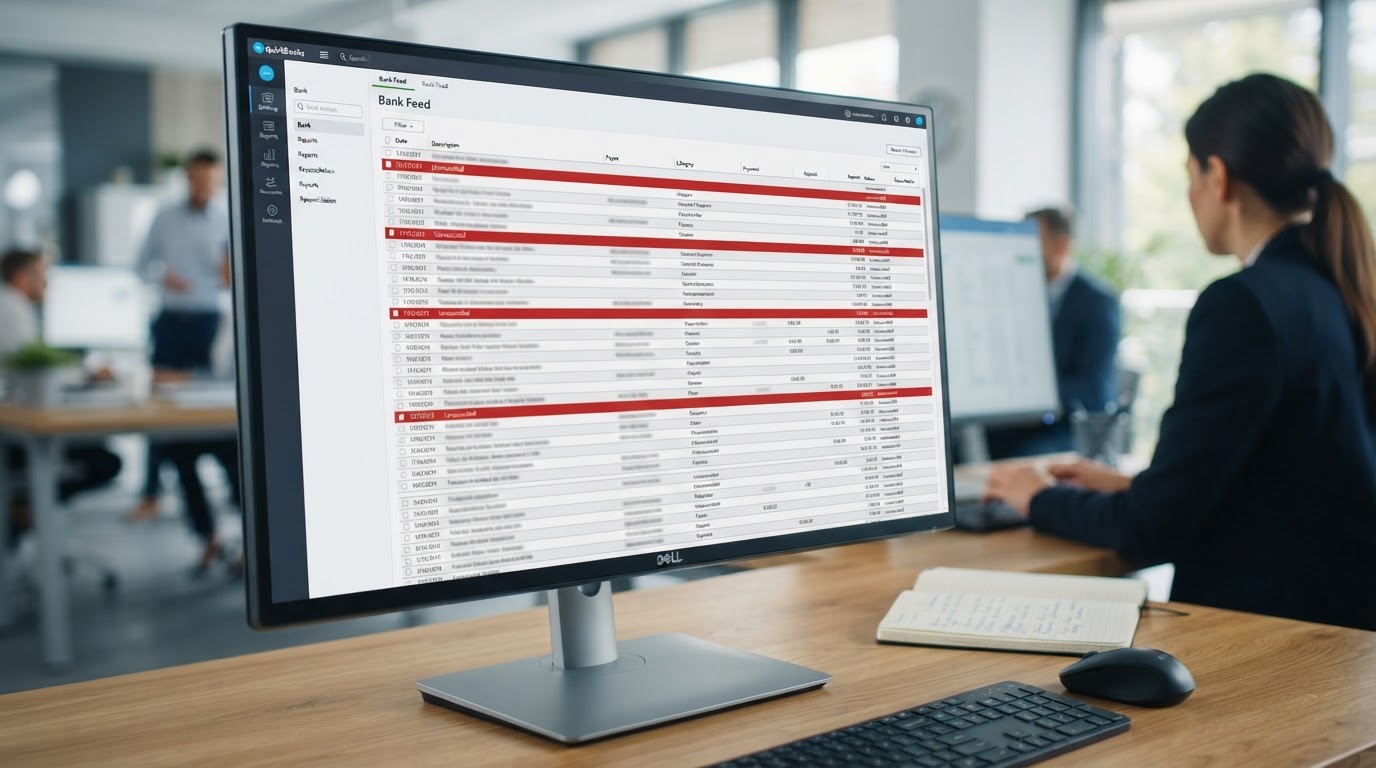 Close-up of a computer monitor displaying a long scrolling list of unreconciled bank transactions highlighted in red in bookkeeping software