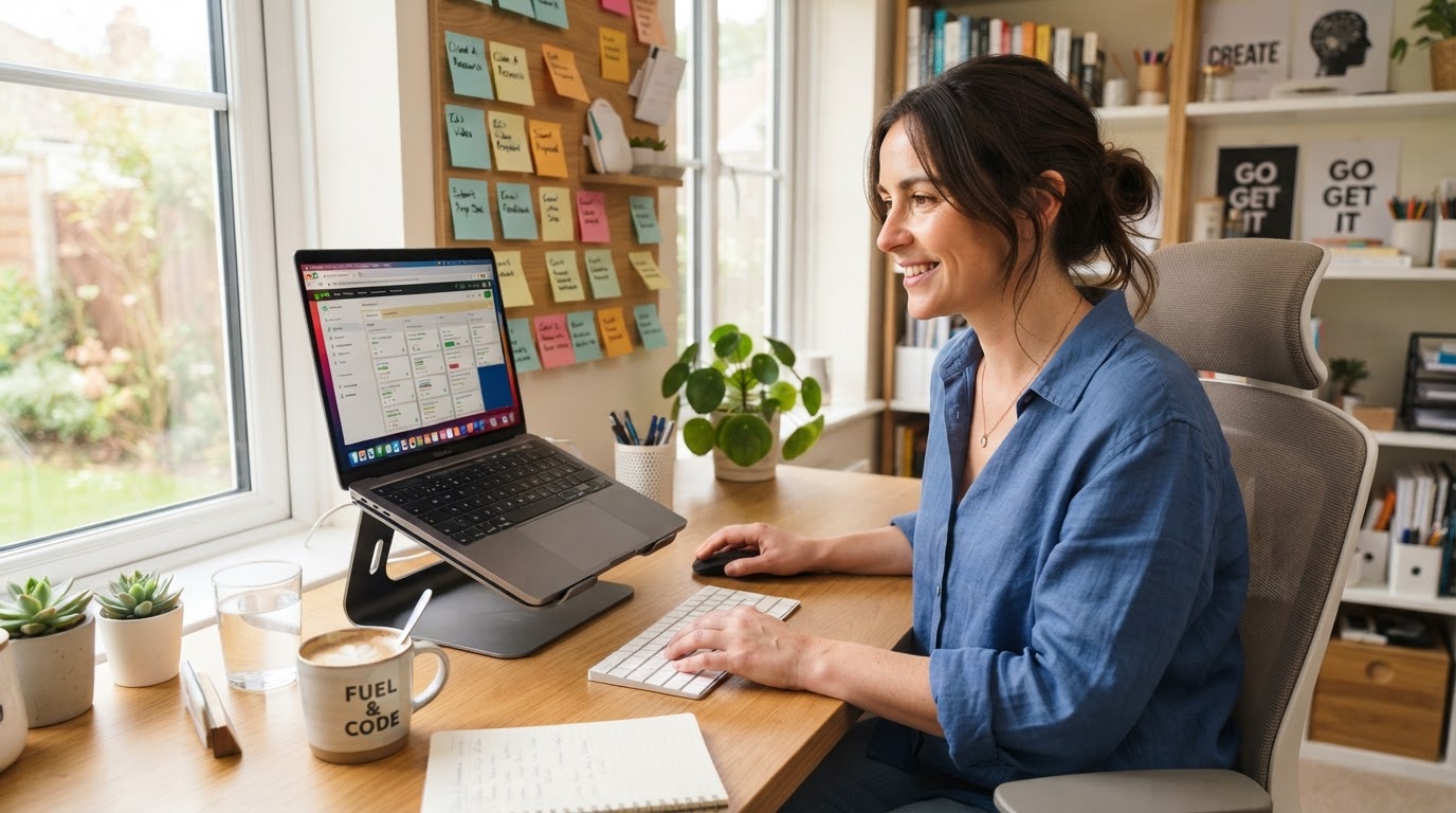 A freelancer at a modern home office desk working on a laptop with multiple freelance gig platforms open