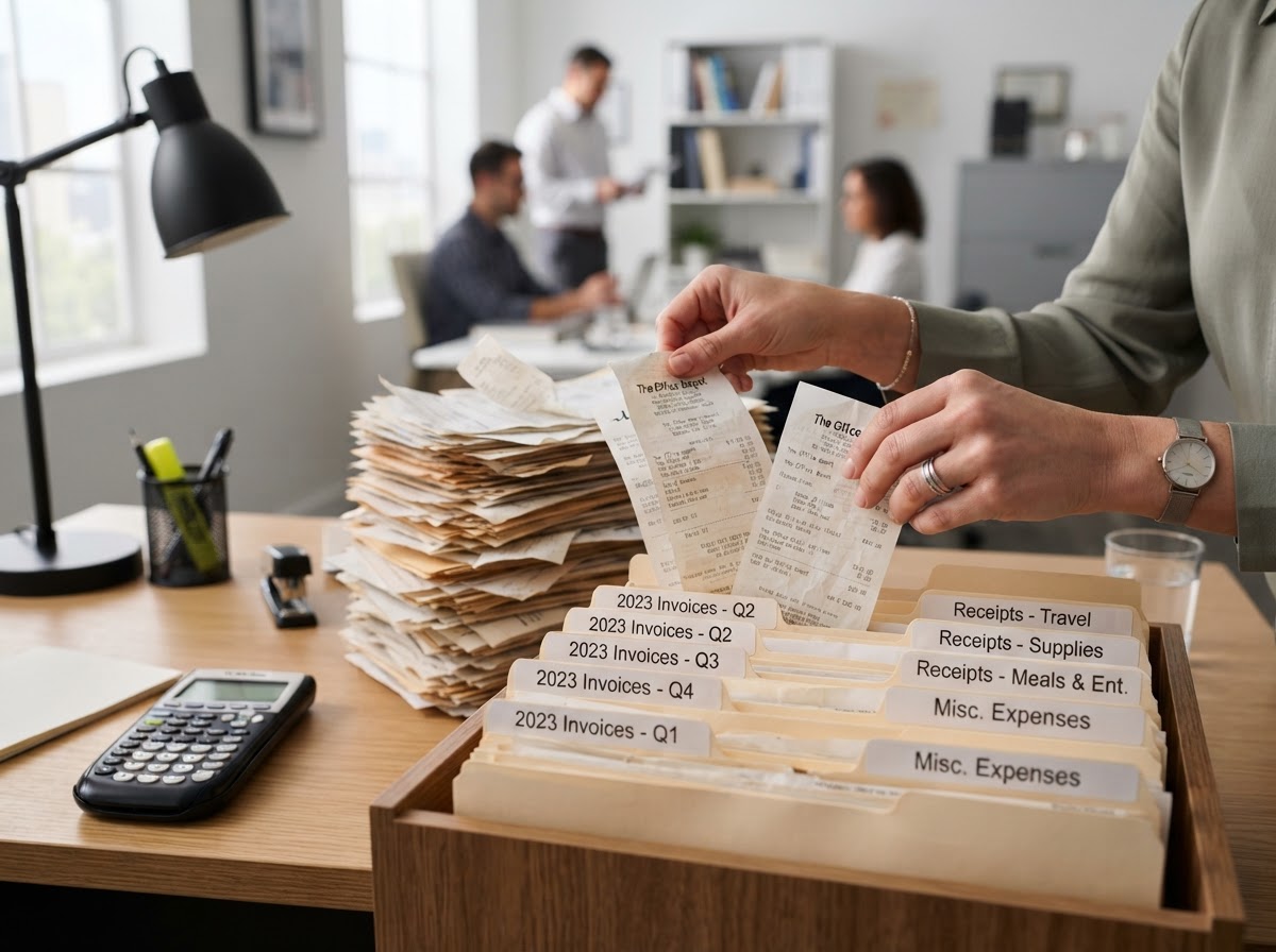 Professional accountant's hands organizing a massive pile of old receipts into neat labeled folders