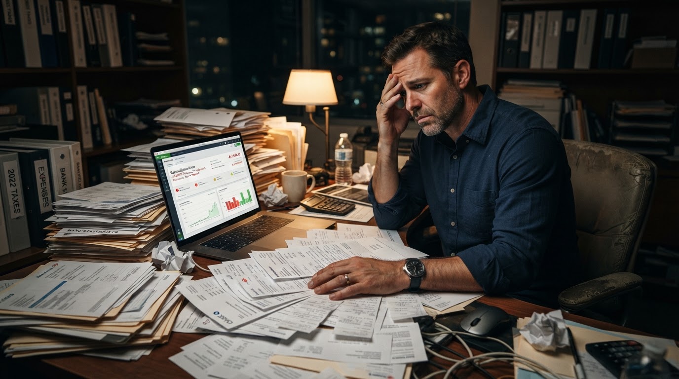 Stressed business owner surrounded by two years of unorganized financial documents