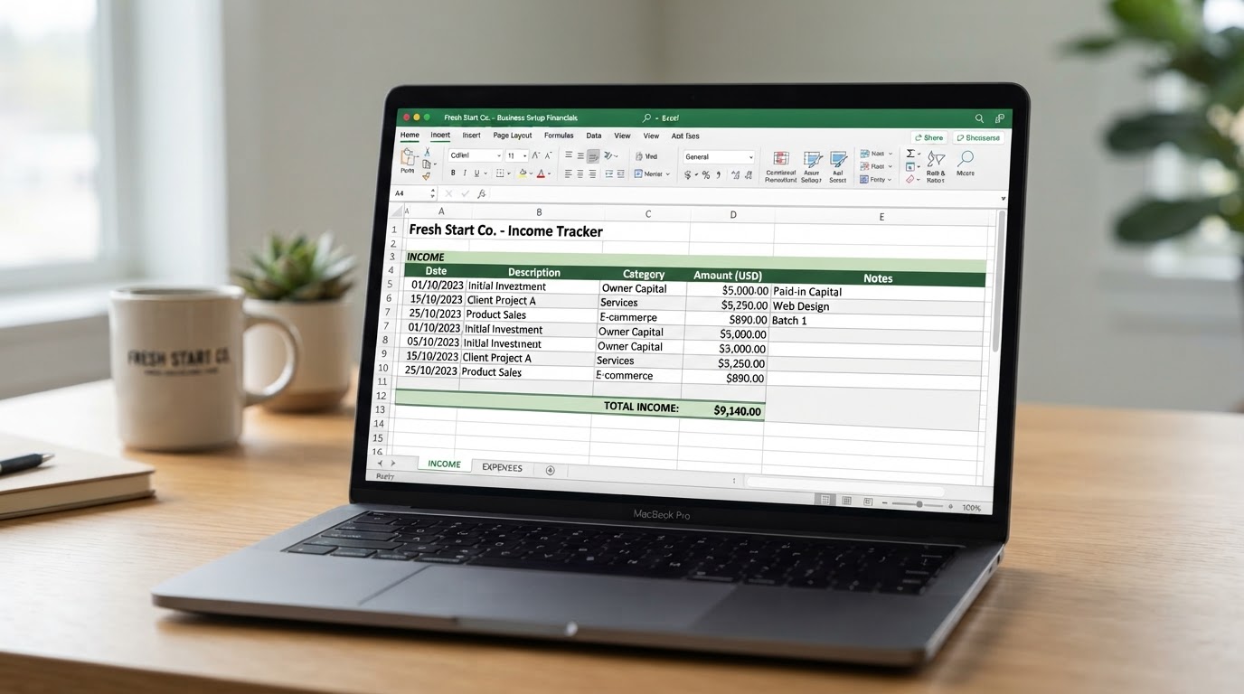 Close up of a laptop screen showing a single simple clean Excel spreadsheet with two tabs for income and expenses