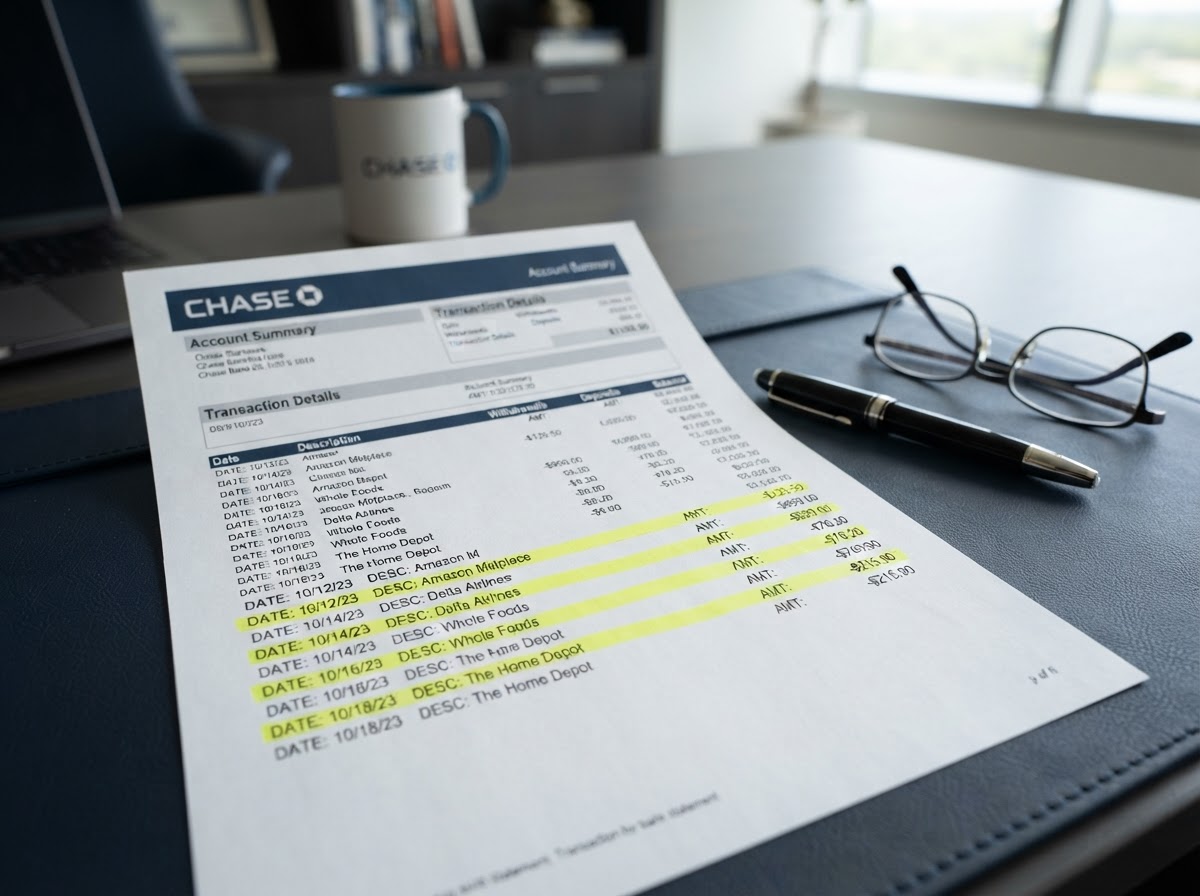 Printed bank statement with highlighted transactions next to a pen and reading glasses