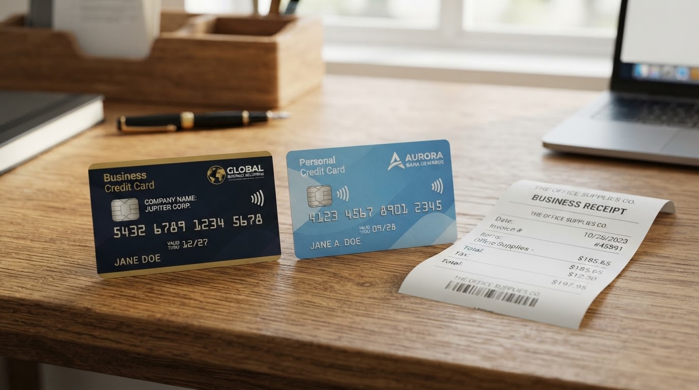 A business credit card and a personal credit card side by side on a wooden desk next to a receipt