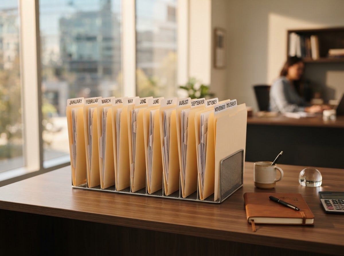 Neatly organized manila folders of financial documents sorted and labeled by month on a clean desk