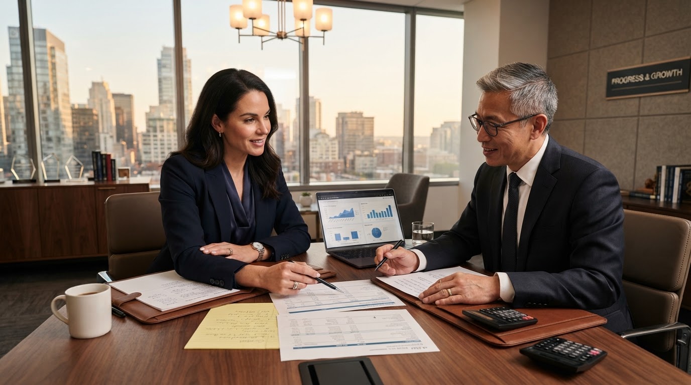 A business owner and an accountant having a strategy meeting at a conference table reviewing financial statements together
