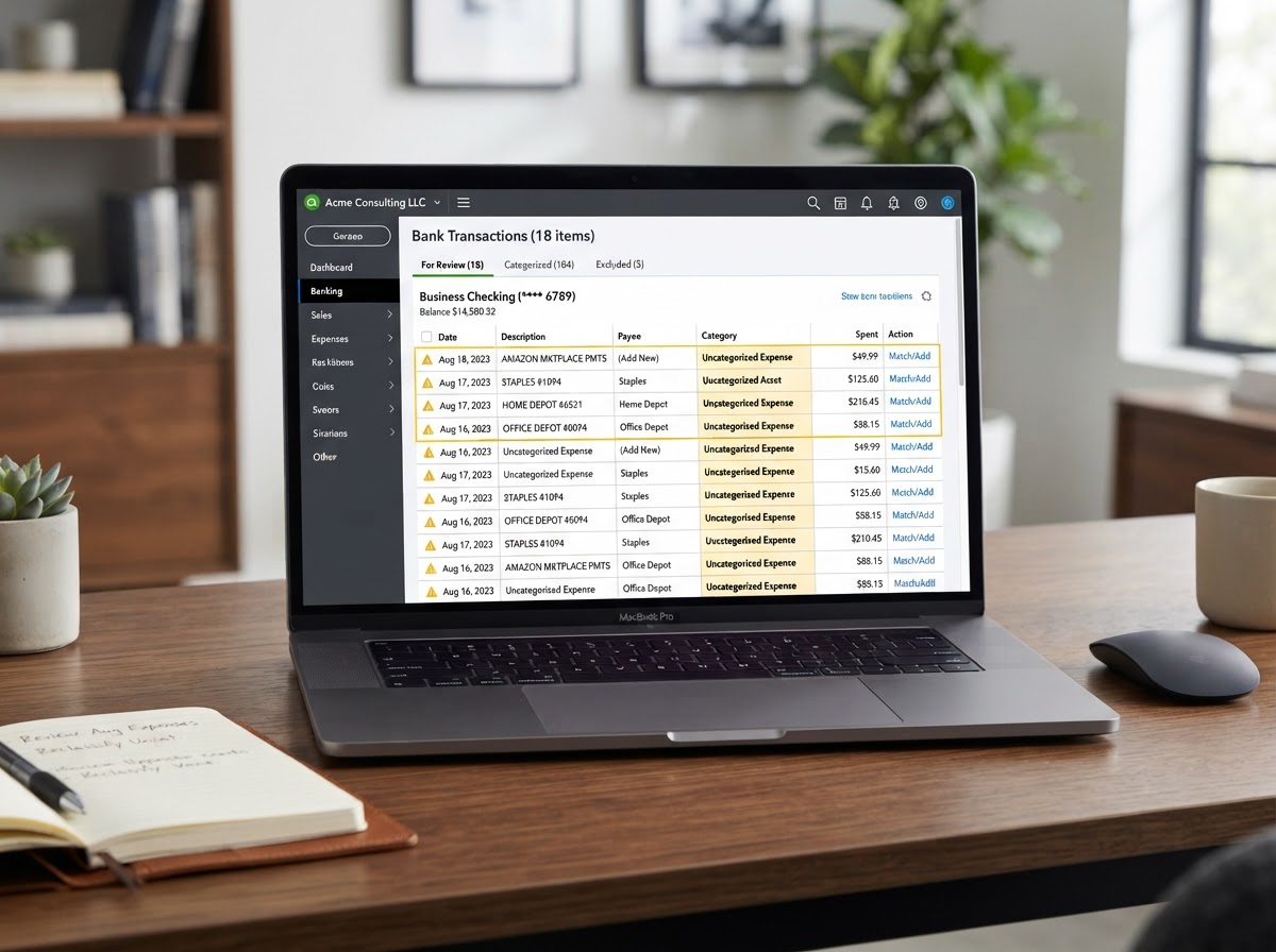 Laptop screen showing QuickBooks Online with uncategorized transactions highlighted in a bank feed