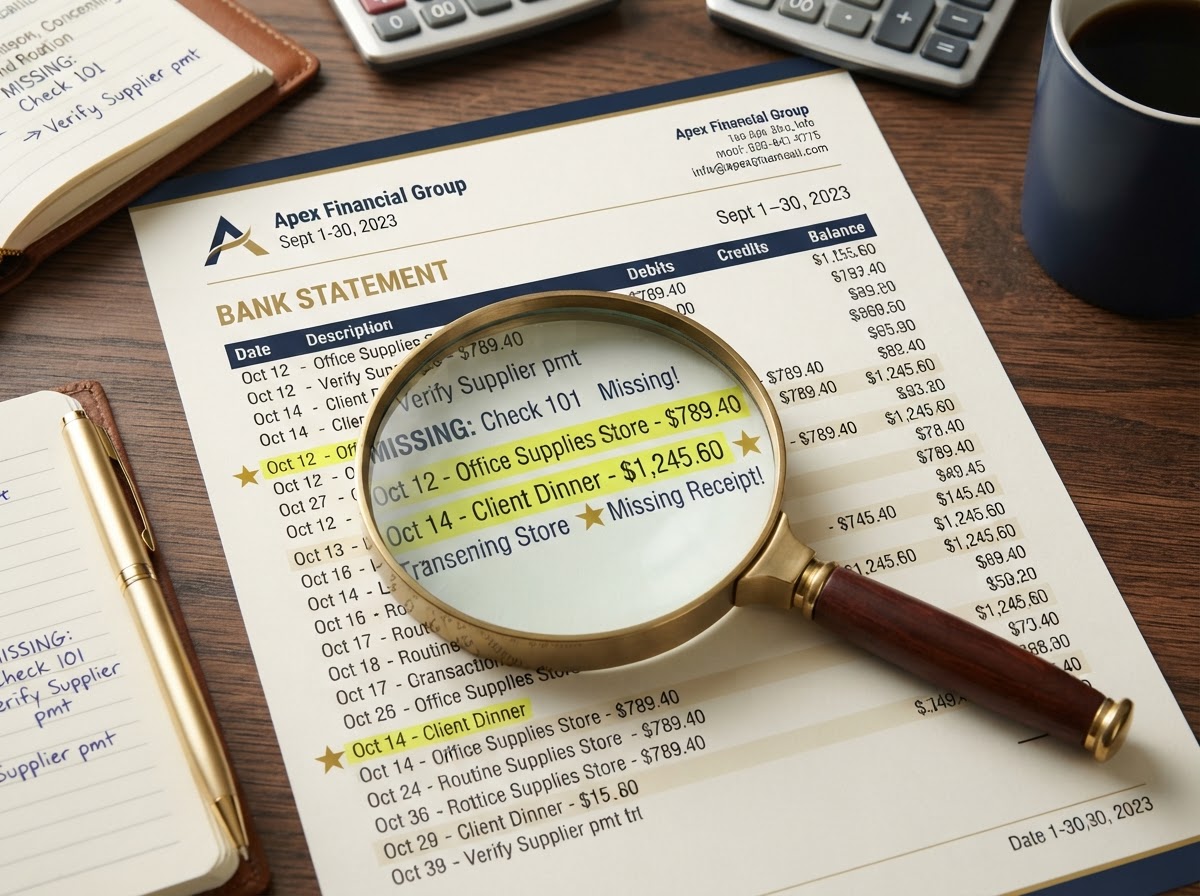Bank statement with highlighted missing transactions and a magnifying glass