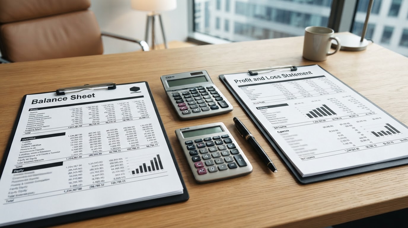 A printed profit and loss statement and balance sheet side by side on a clean modern desk with a calculator and pen