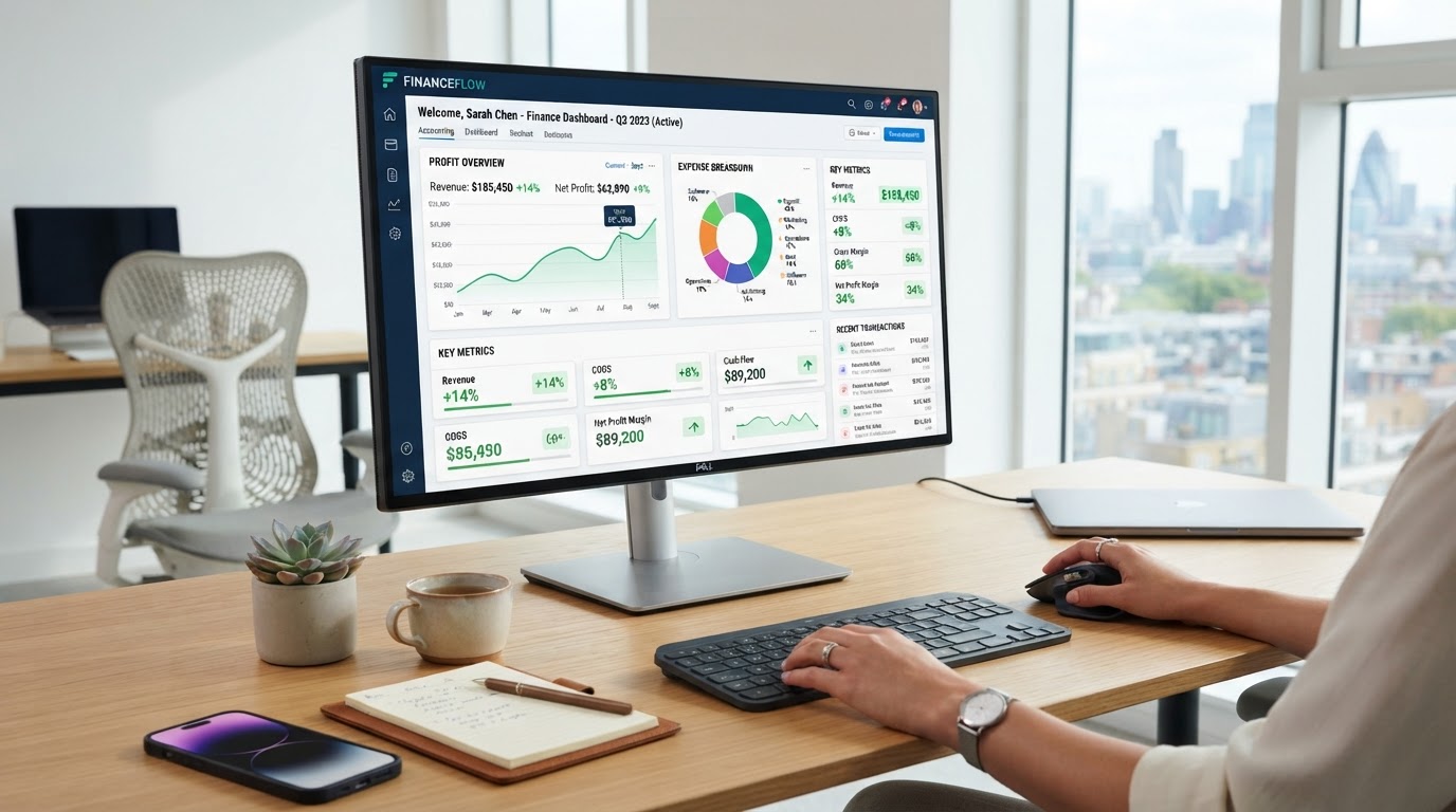 A clean modern desktop computer showing a polished accounting software dashboard with profit charts and expense breakdowns