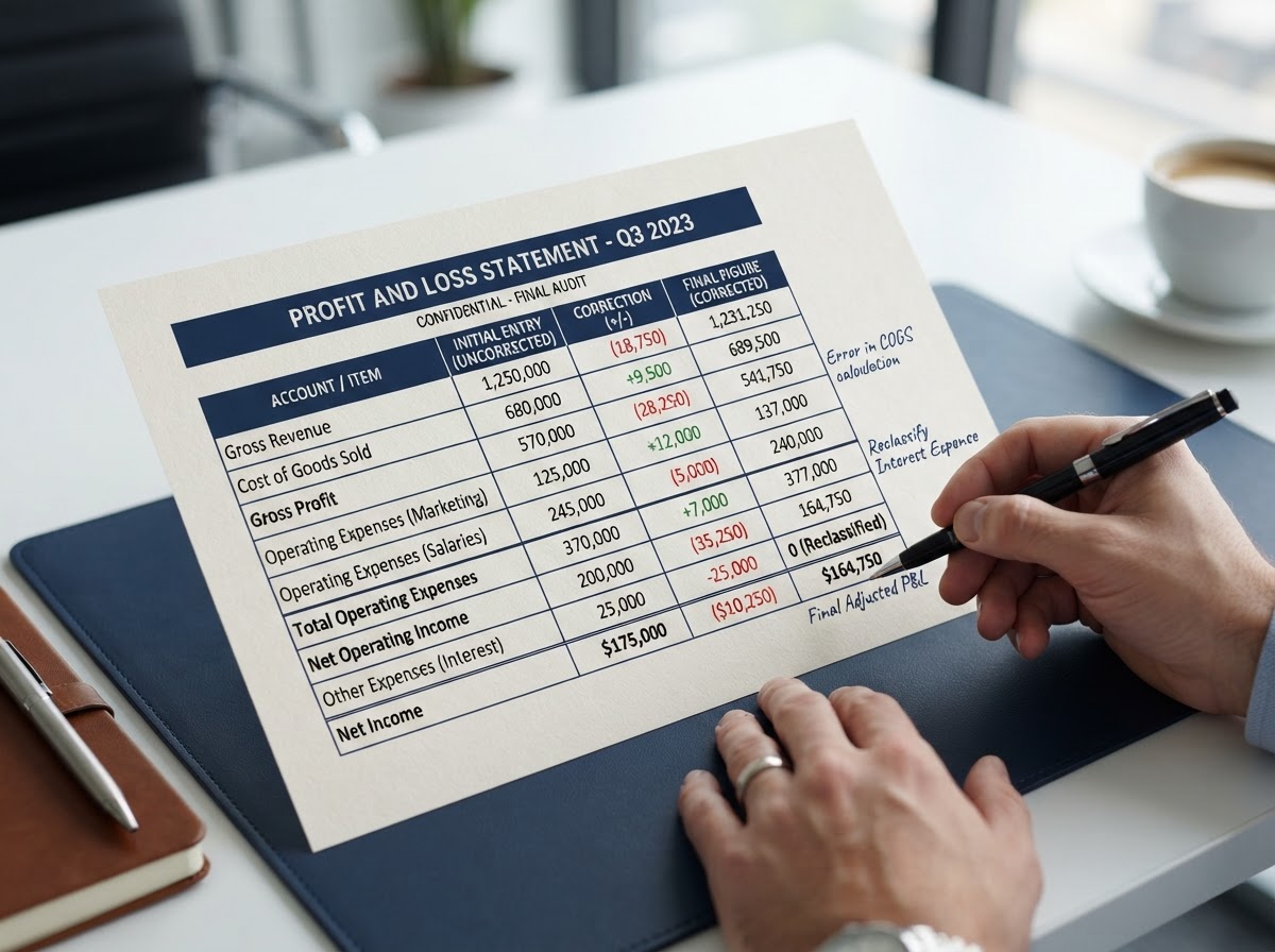 Profit and loss statement showing corrected versus uncorrected numbers side by side