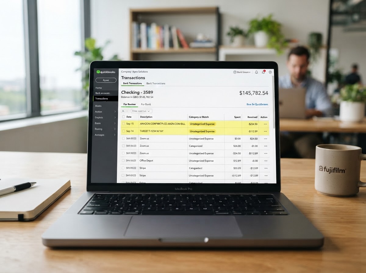 Laptop screen showing QuickBooks Online bank feed with uncategorized transactions highlighted