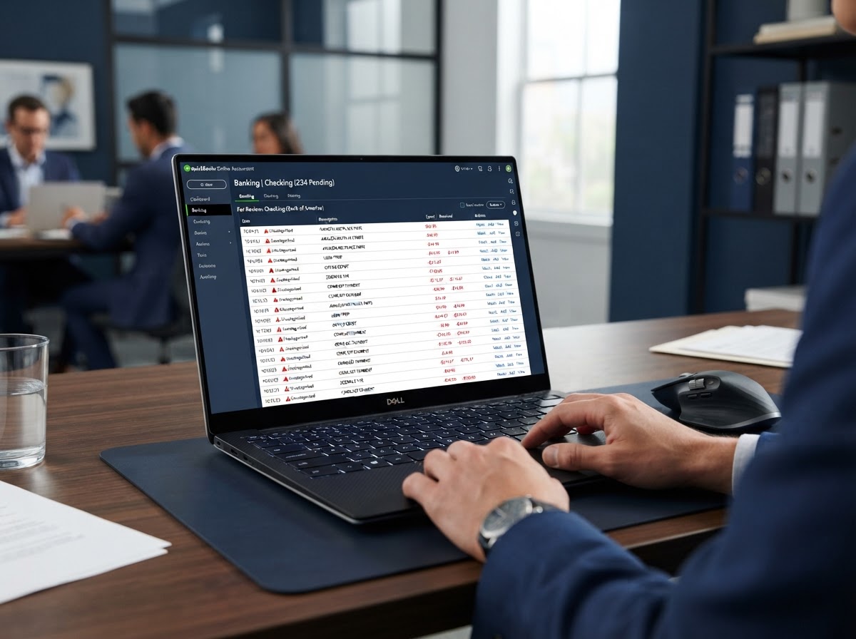 Laptop screen showing accounting software with hundreds of uncategorized transactions highlighted in red