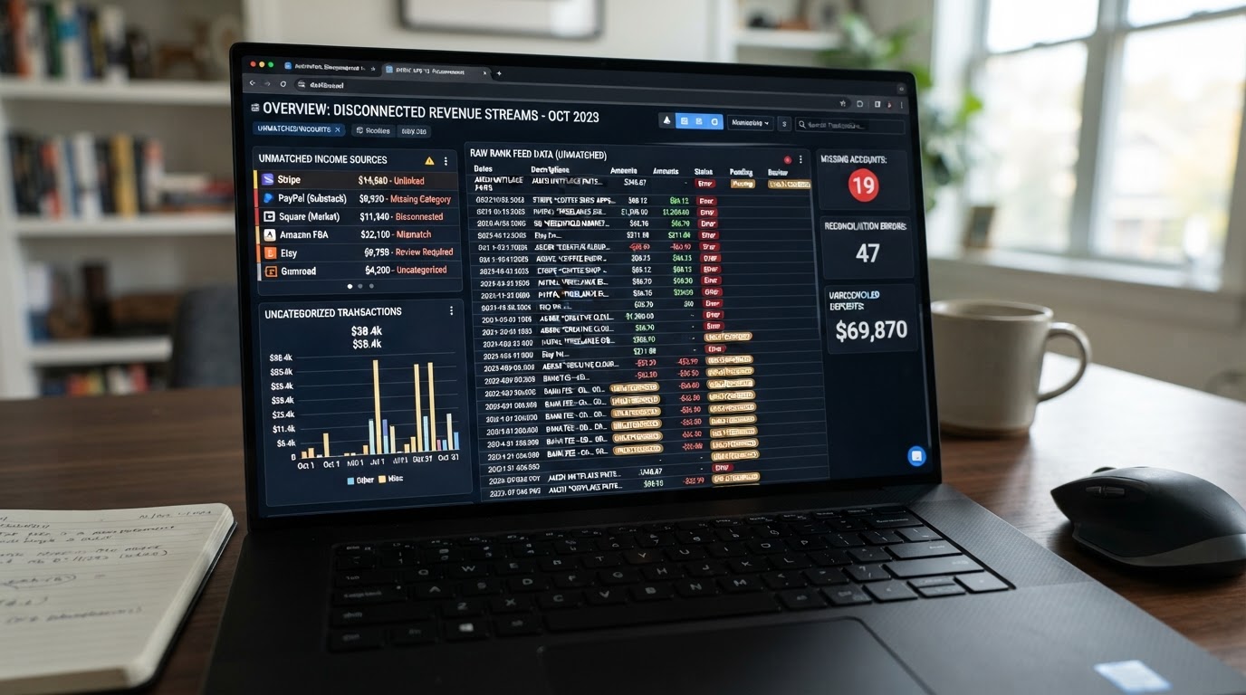 Close-up of a laptop screen showing a chaotic accounting dashboard with multiple disconnected income sources
