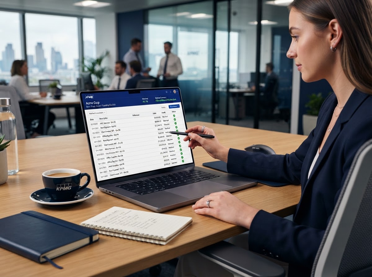 Bank reconciliation screen on a laptop showing matched transactions with green checkmarks
