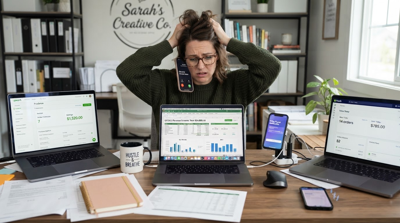 A stressed small business owner juggling multiple income sources