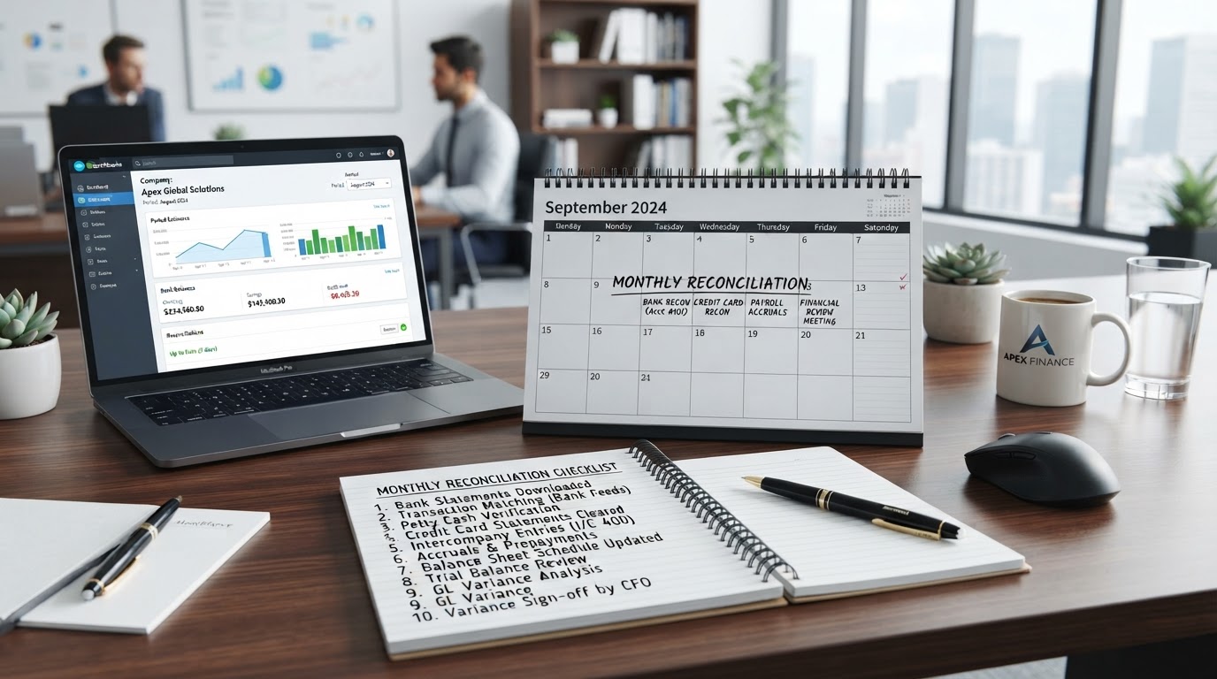 A calendar marked with monthly reconciliation reminders and a checklist on a desk beside a laptop showing accounting software