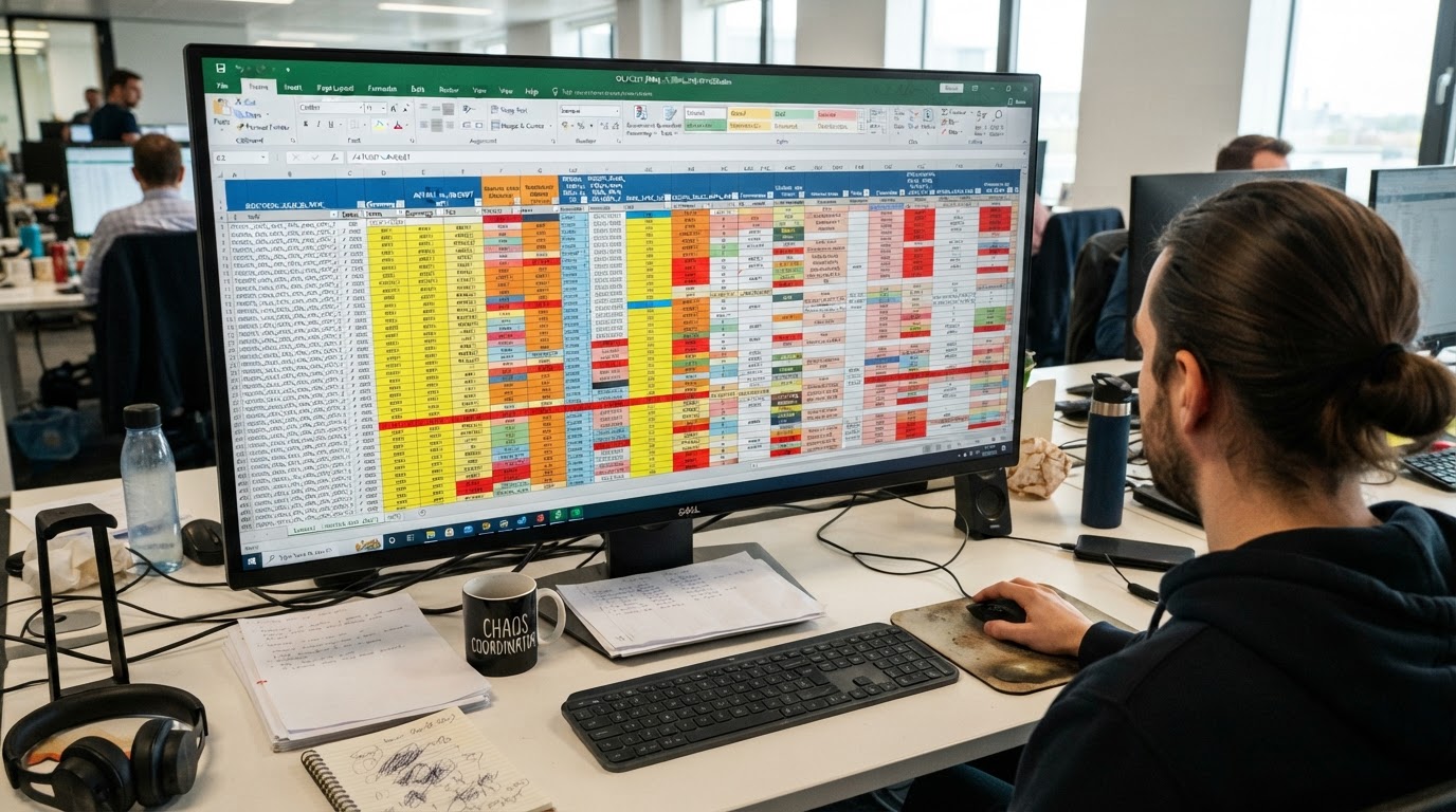 A cluttered computer screen showing a massive Excel spreadsheet with overlapping data, color coded chaos, and unreadable tiny text