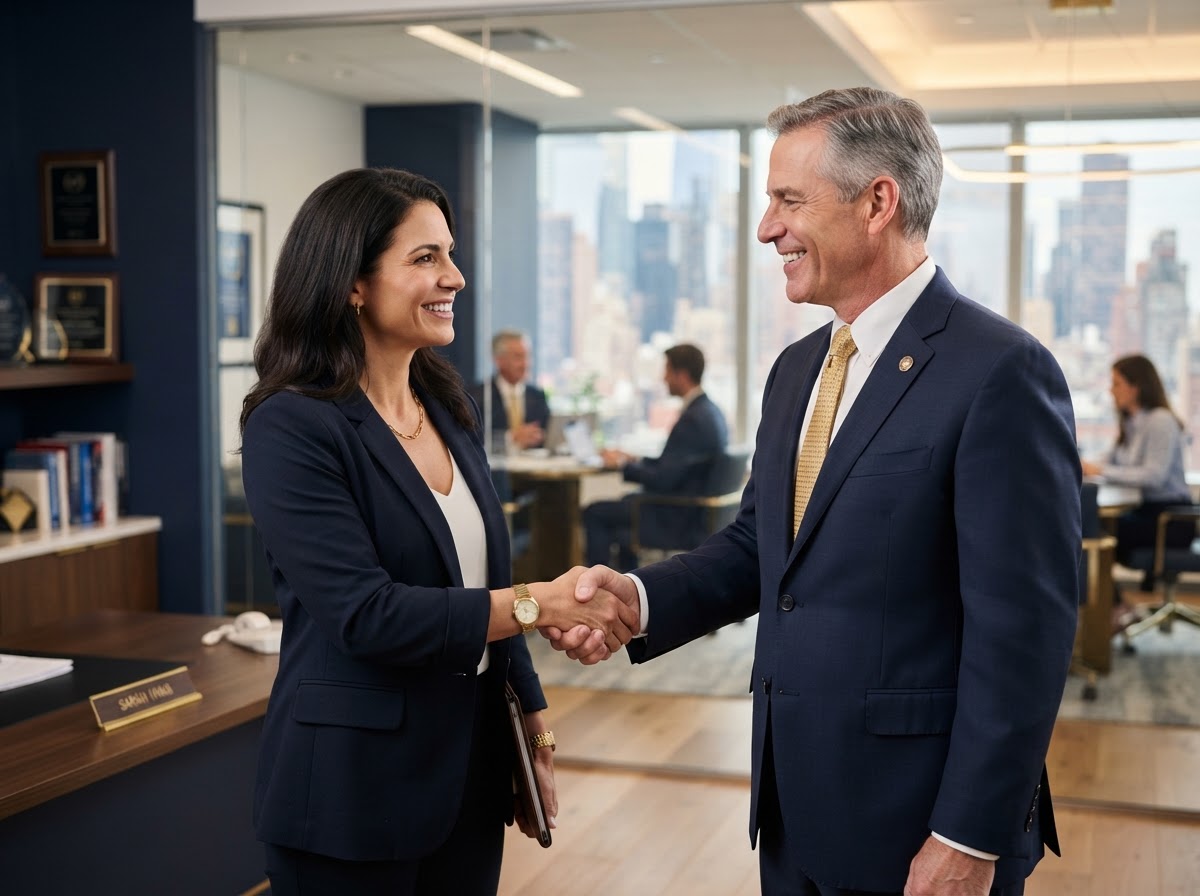 Confident business owner shaking hands with a professional accountant in a modern office