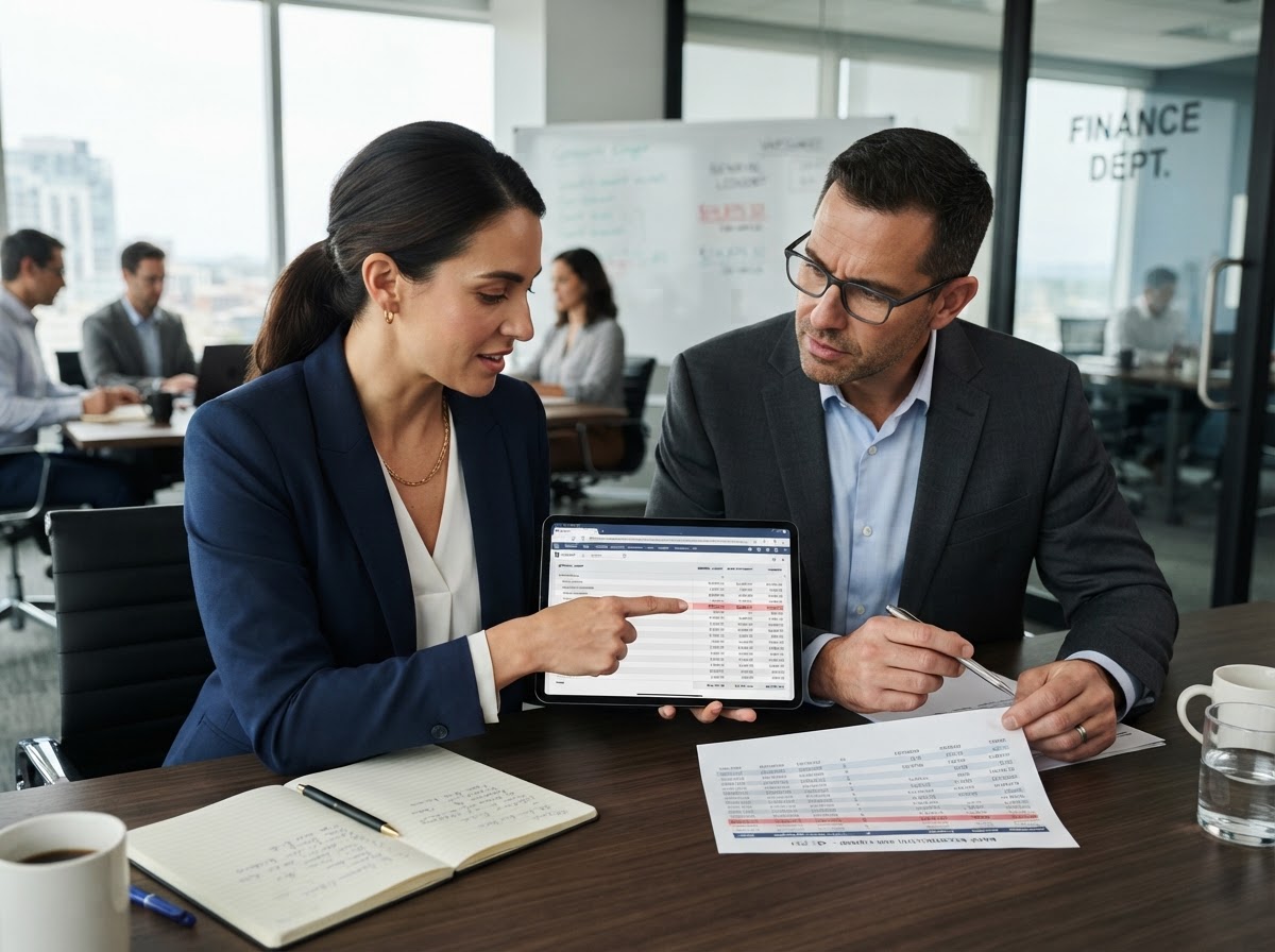 Two professionals reviewing a reconciliation report on a tablet, one pointing at a discrepancy