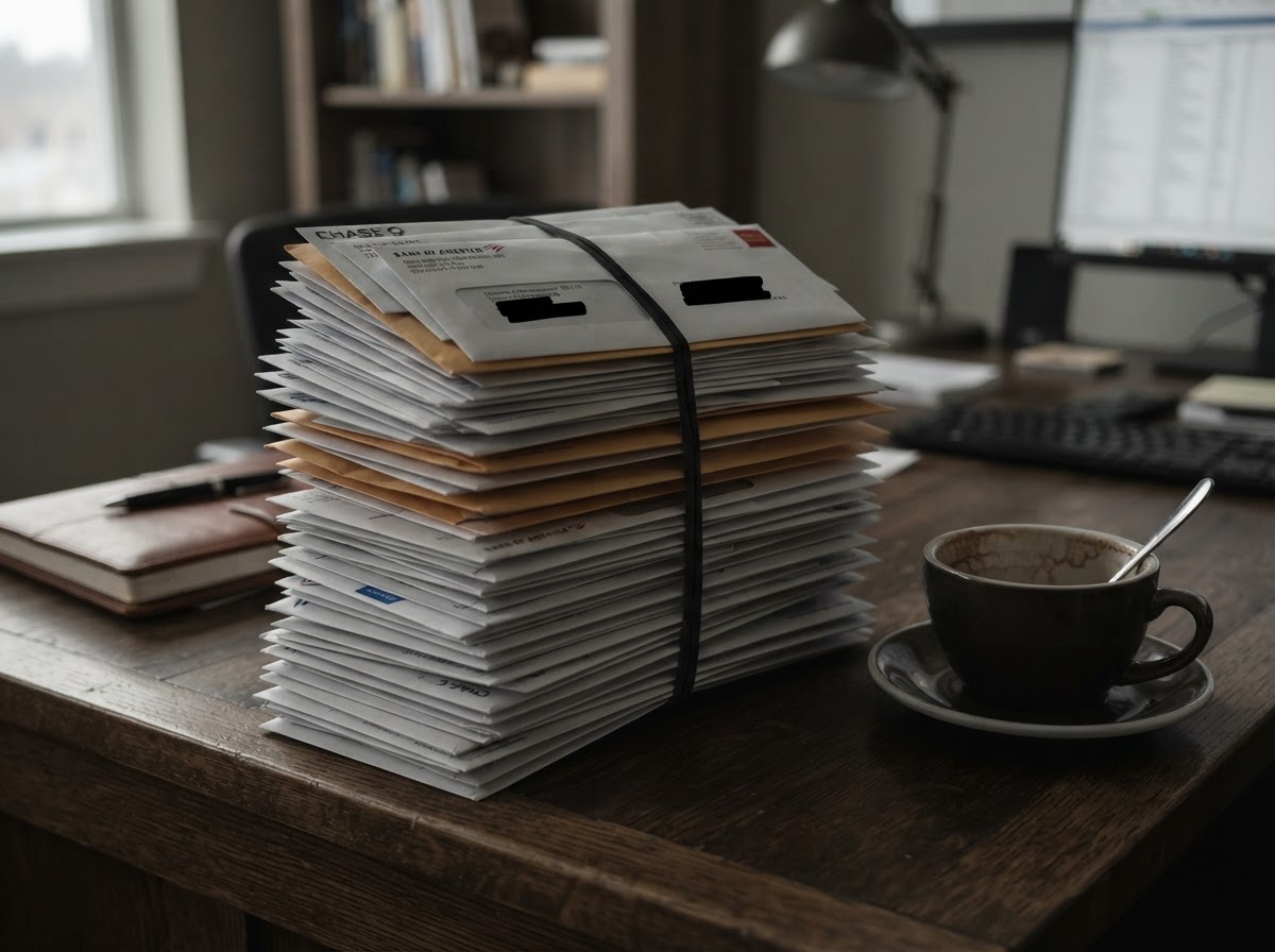 Tall stack of unopened business bank statement envelopes piled on a wooden office desk