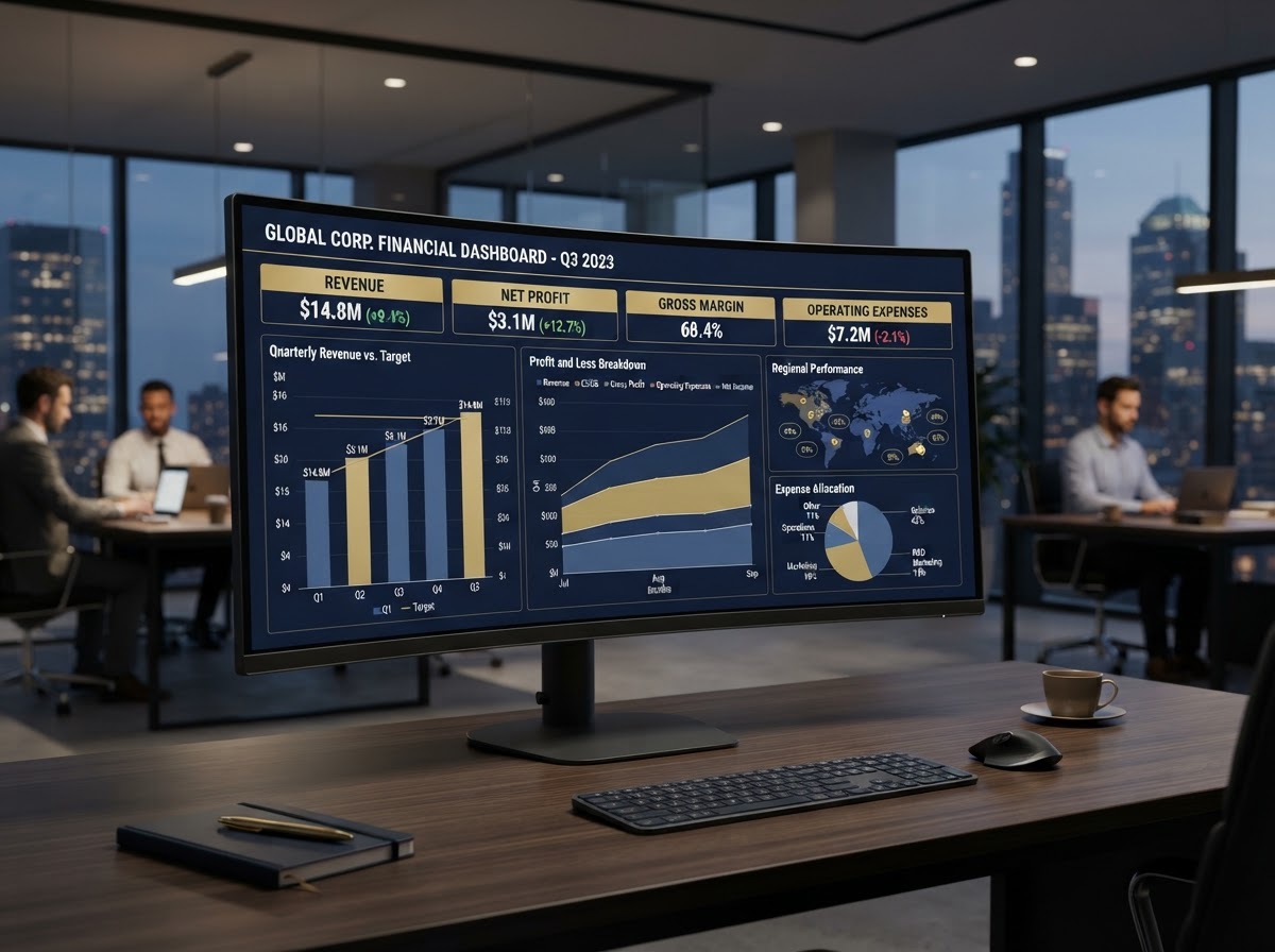 Clean professional financial dashboard showing organized profit and loss charts and bar graphs